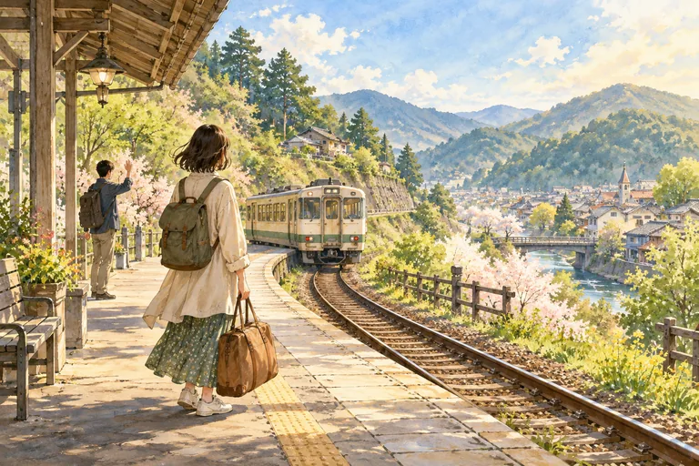 春の小さな駅で、友人に見送られながら新しい街へ向かう人物を描いた創作水彩画