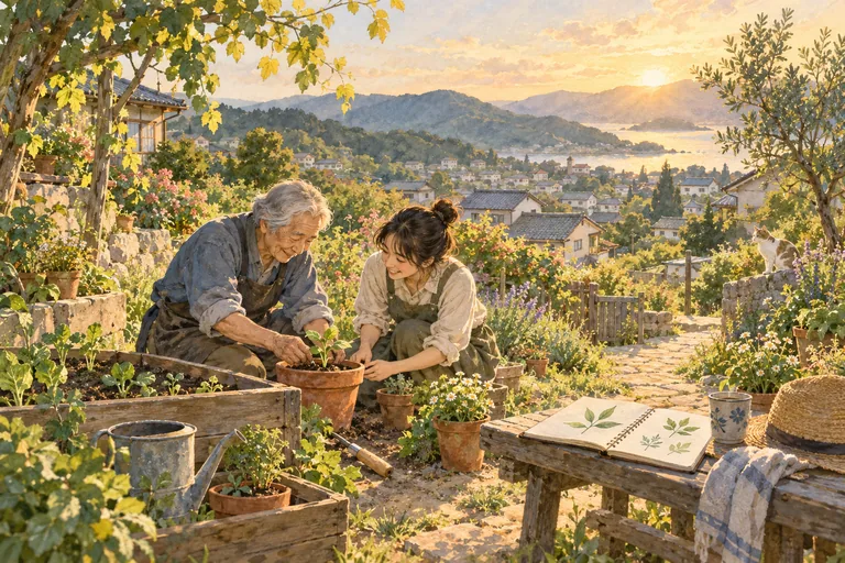 夕方の庭で、年長者と若い隣人が一緒に苗を植えるひとときを描いた創作水彩画