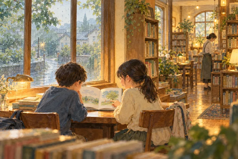 雨の図書館で、窓辺の本を一緒に読む二人の子どもを描いた創作水彩画